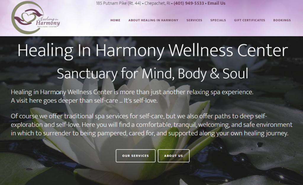 Healing in Harmony website screenshot